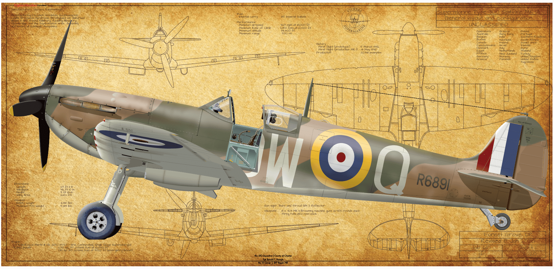 No. 610 Squadron Spitfire Mk Ia Fine Art Aircraft Profile Prints